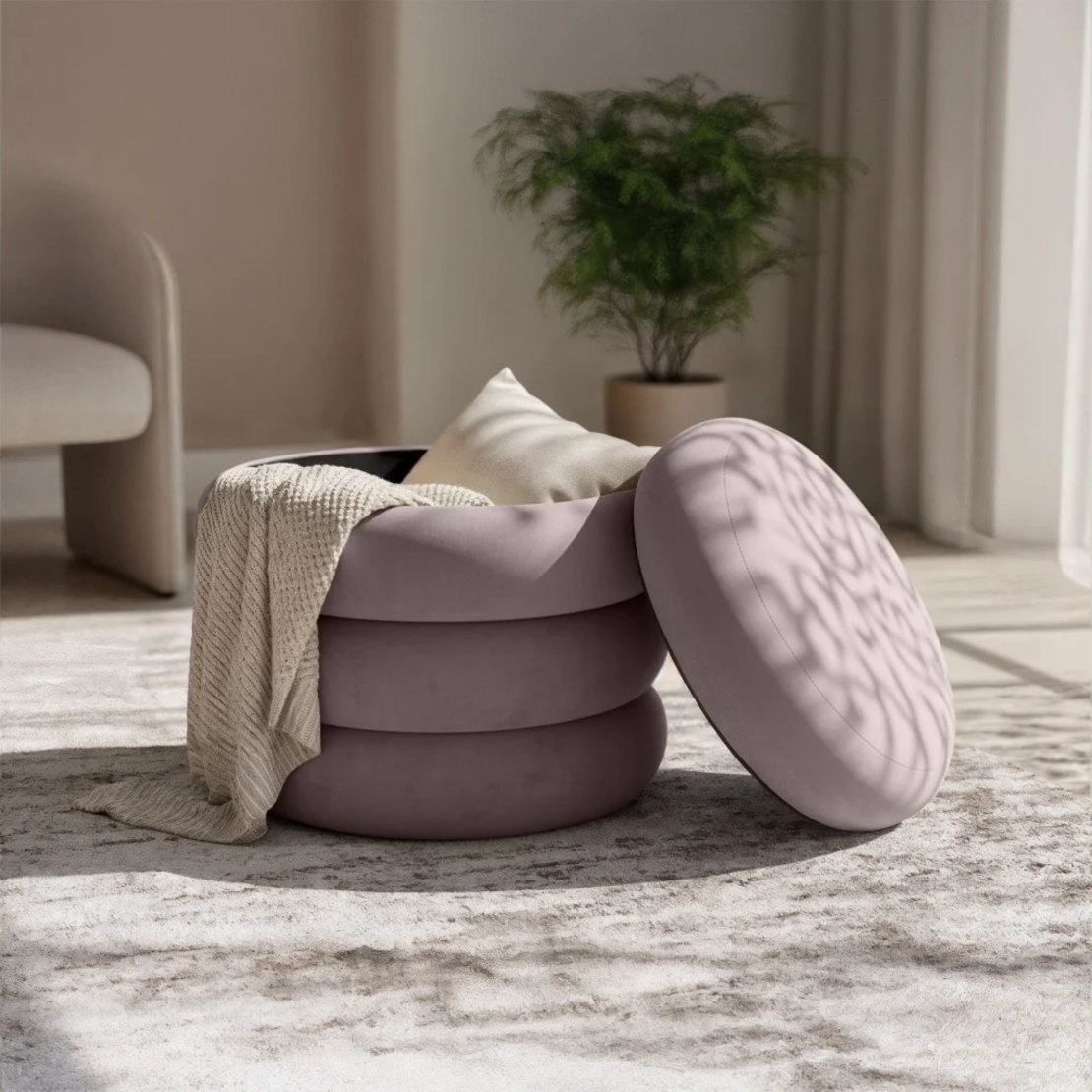 Taburet tapitat Snuggo cu spatiu de depozitare, velur, diametru 42 cm, inaltime 45 cm, roz pudrat