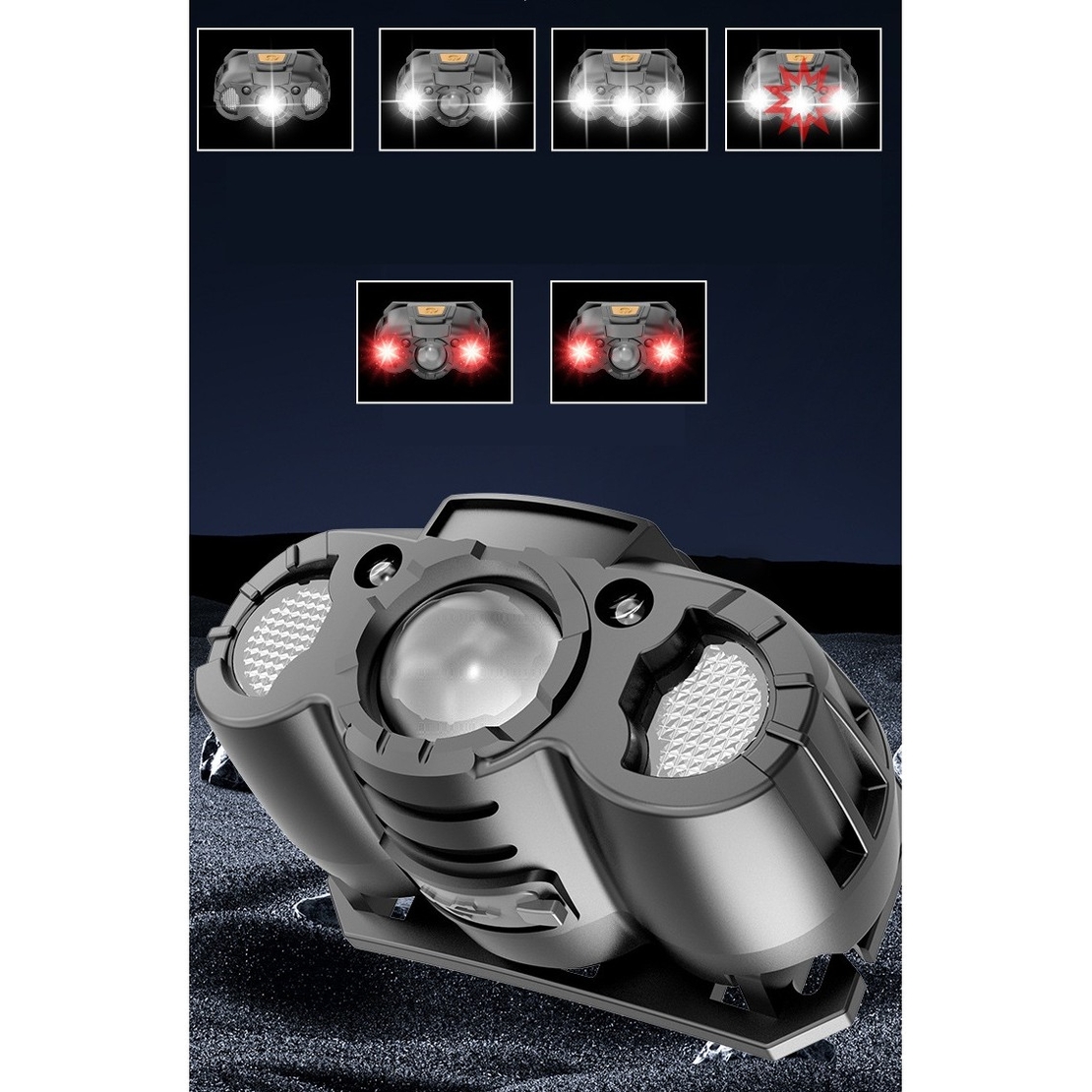 Lanterna LED de Cap, Vafy, cu Suport Inclus, Incarcare USB Tip C, Raza 100-200m, 5W, 6 Trepte de Lumina, 400 mAh, Gri
