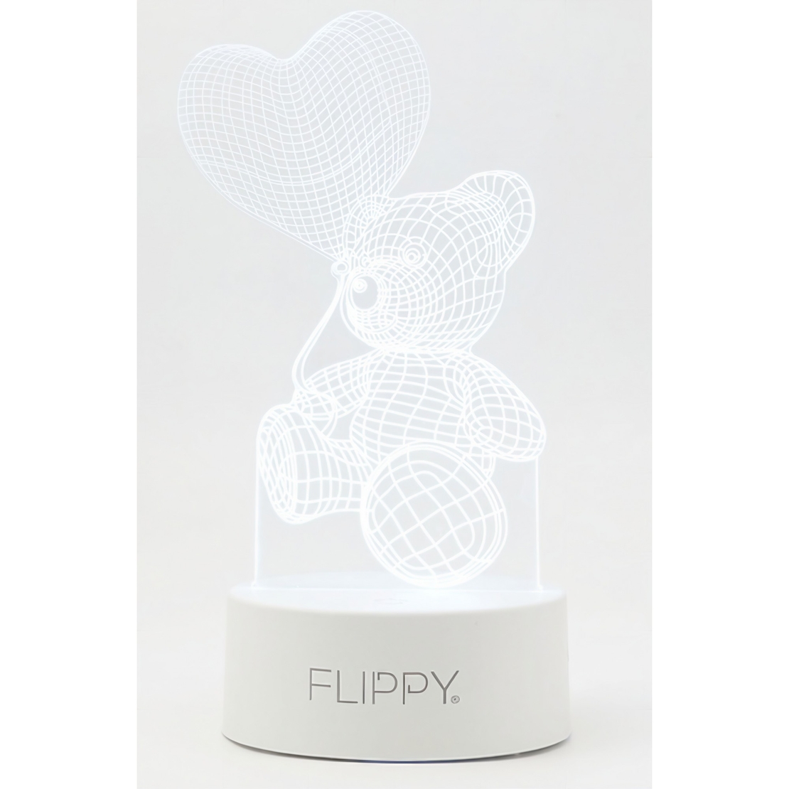 Lampa LED decorativa, Flippy, 3D, Ursulet cu balon inima, cu telecomanda, doua moduri de alimentare USB si baterii, 20 cm inaltime, din material acril si lumina multicolora, alb