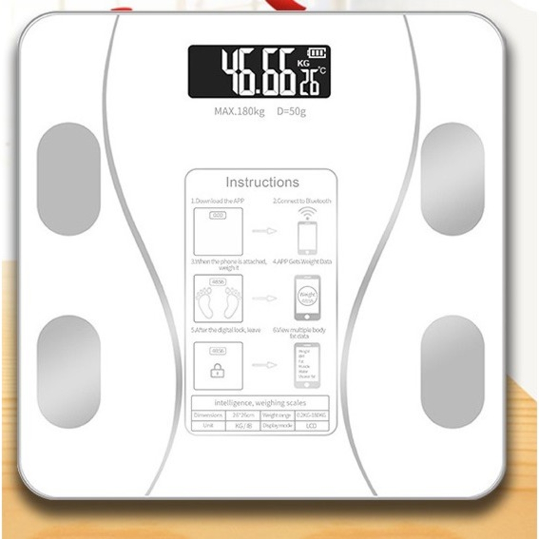 Cantar Electronic Inteligent De Baie Vafy Cu Aplicatie Smart, Corporal, Ecran Digital Iluminat, Termometru, Suporta Maxim 180 Kg, 26 x 26 cm, Baterii, Alb