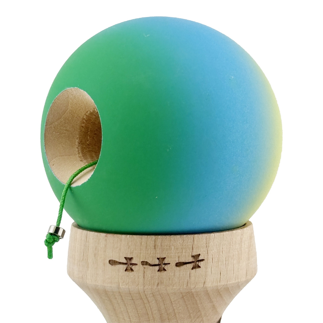 Kendama X Originala, Profesionala, Flippy, Cupe Mari KING SIZE V3, Rubber Grip, Gaura in Baza, Rulment Metalic, din lemn 18 cm, Ata 62/65 cm, Gradient Galben/Albastru/Verde