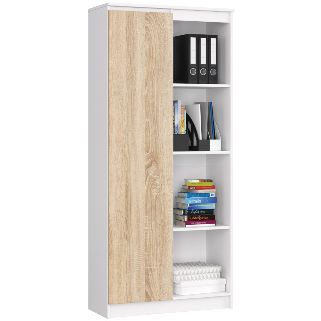 Dulap cu usa si 8 etajere, PAL laminat 16 mm, 80x35x180 cm, alb si stejar sonoma