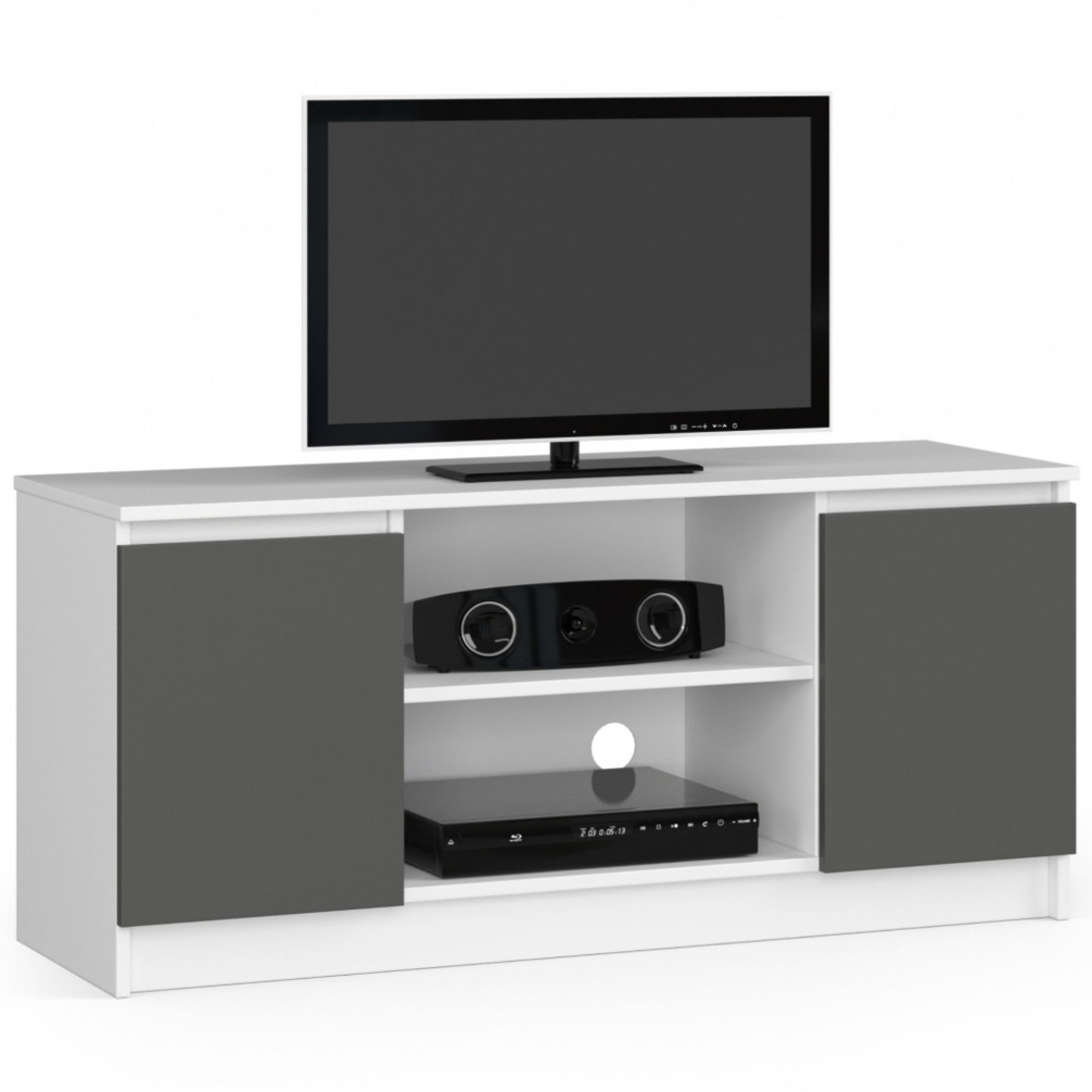 Comoda TV cu 2 usi si o polita, PAL laminat 16 mm, 120x40x55 cm, alb si gri