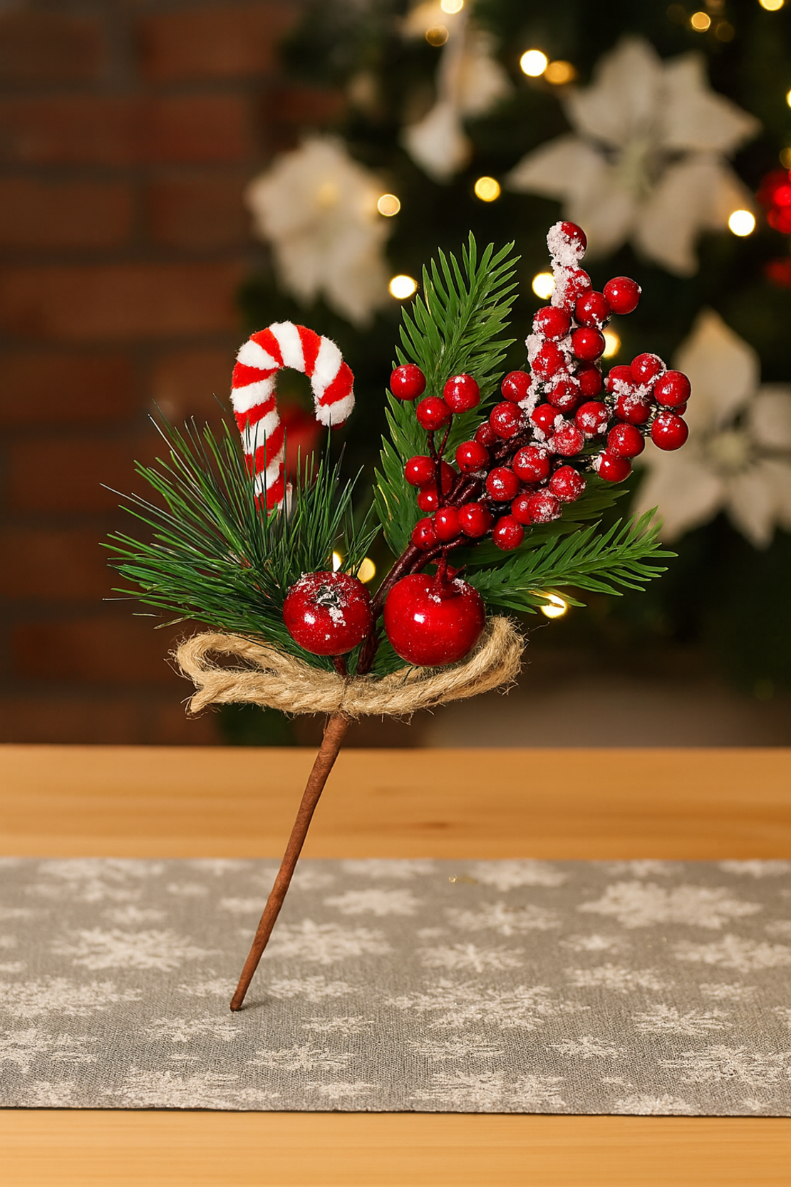 Ramura decorativa Craciun cu fructe rosii, acadea si sfoara iuta, 24 cm, rosu