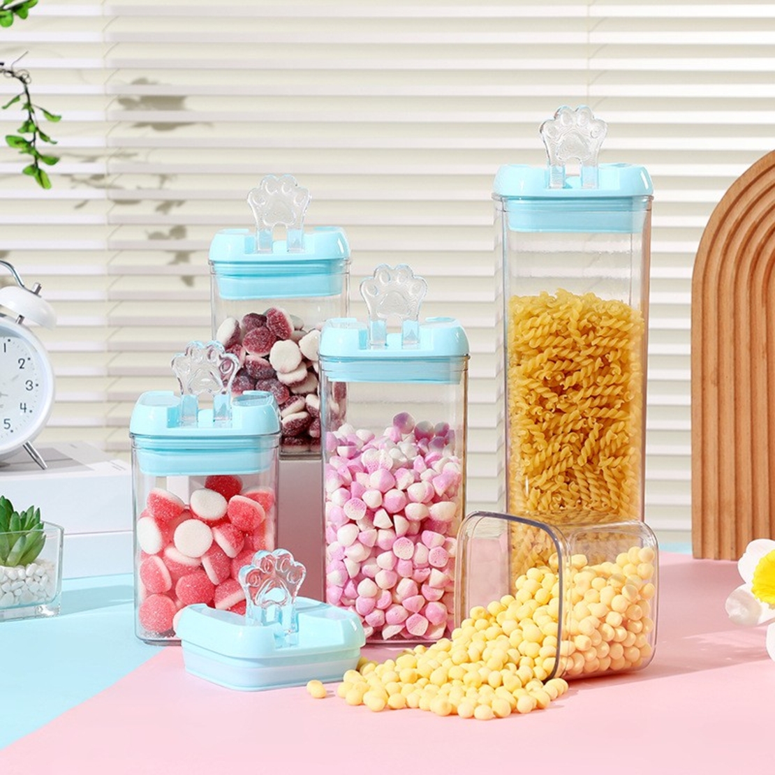 Cutie de Depozitare Alimente, Flippy, 1.2L, Capac Albastru, din PP+PET, Inchidere Ermetica, 10 x 10 x 20.5 cm, Transparent