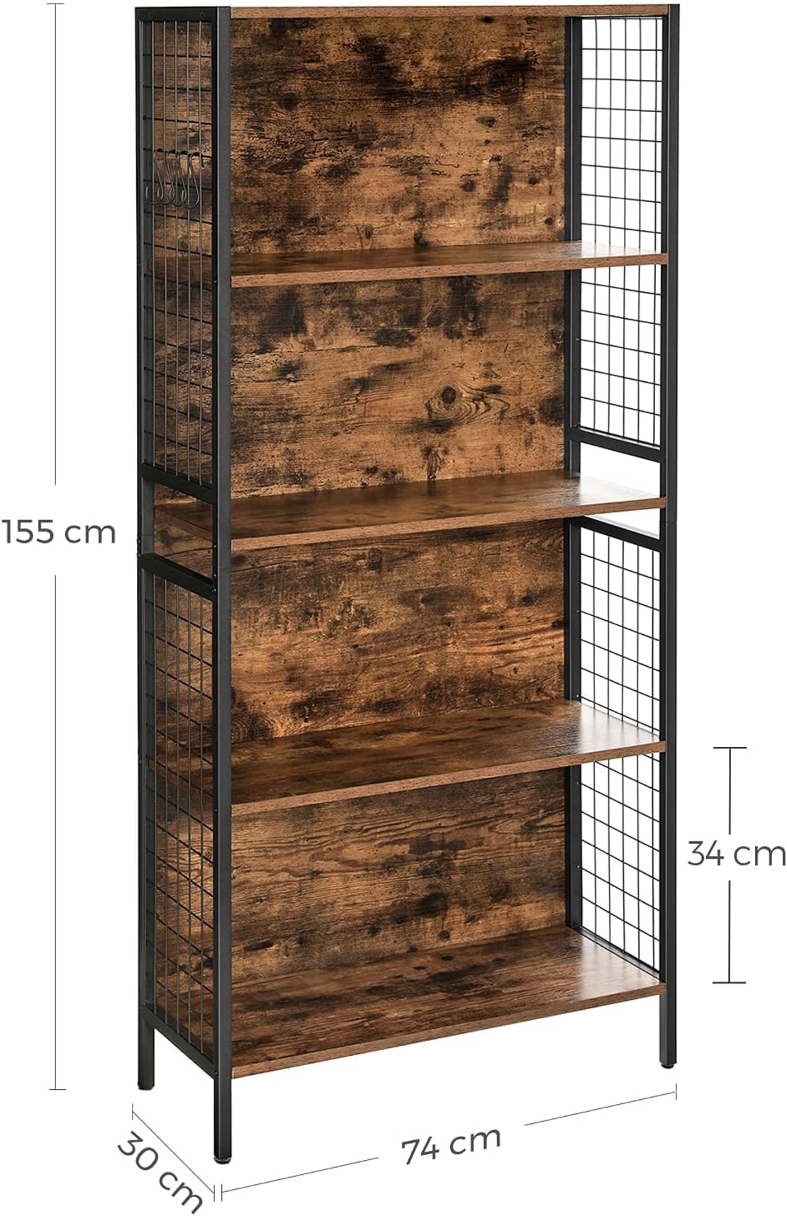 VASAGLE Biblioteca, raft cu 4 niveluri, cadru otel si polite din MDF, 74x30x155cm, maro rustic si negru