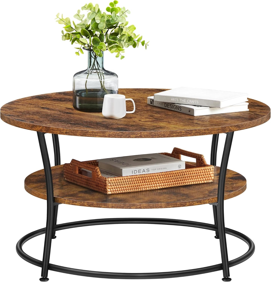 VASAGLE Masuta de cafea rotunda cu raft, cadru metalic, stil industrial, 80x45 cm, maro rustic