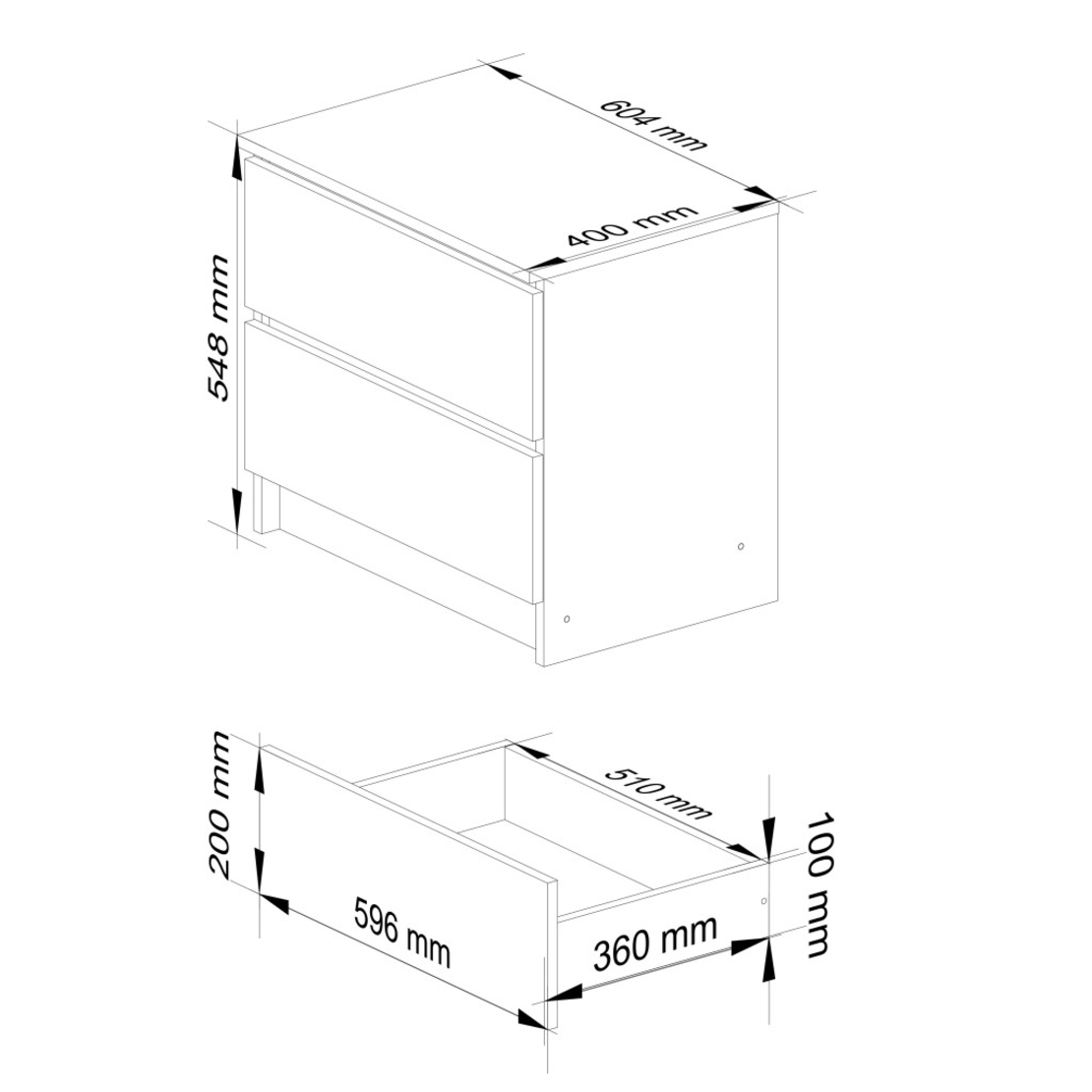 Noptiera cu 2 sertare din PAL laminat 16 mm, 60x40x55 cm, stejar sonoma