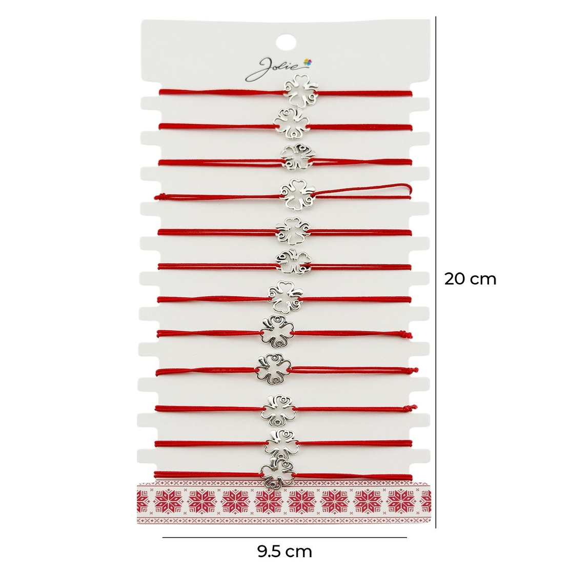 Martisor Bratara Elastica cu Pandantiv din Inox, Jolie, pentru Dama, Set 12 bucati, Snur Rosu Textil, Model Trifoi cu Patru Foi