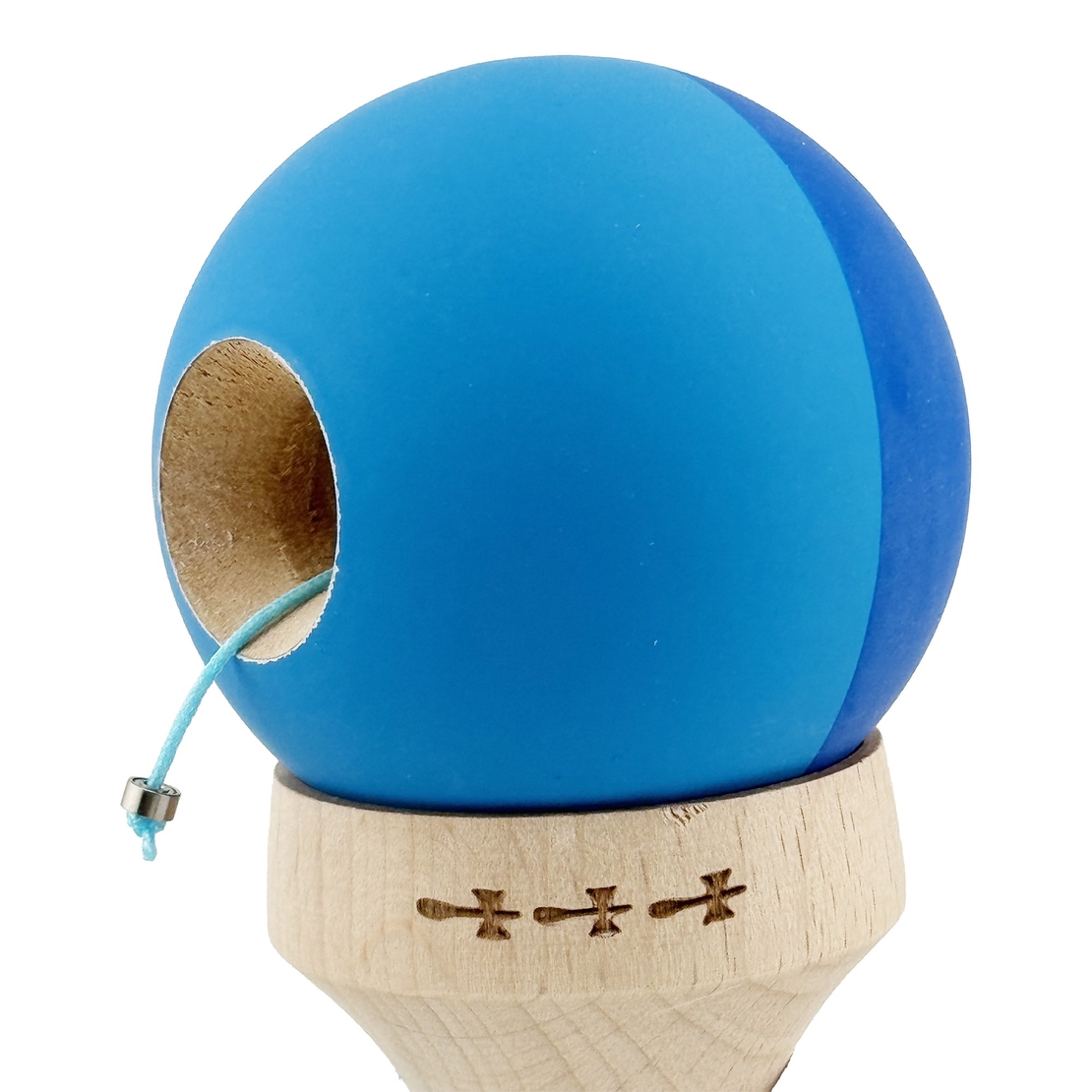 Kendama X Originala, Profesionala, Flippy, Rubber Grip, Cupe Mari KING SIZE V3, Gaura in Baza, Rulment Metalic, din lemn 18 cm, Ata 62/65 cm, Bicolor Albastru/Albastru deschis