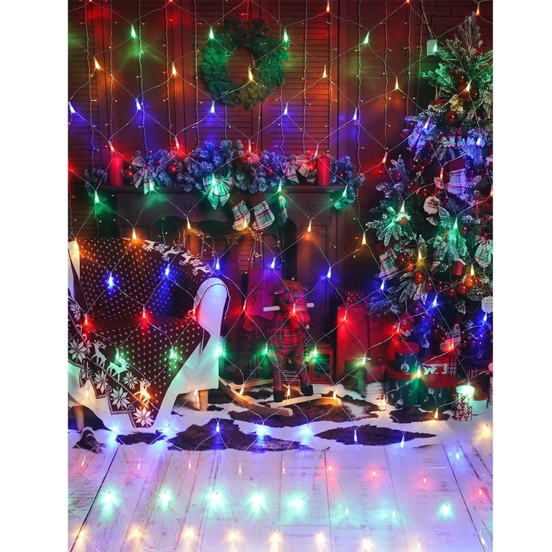Instalatie Craciun, Tip Plasa, 6 m x 1.5 m, 480 LED-uri, Multicolor, 8 jocuri de lumini, Transformator cu telecomanda, Interconectabila, Prelungitor 3 m inclus, Fir transparent, Vafy