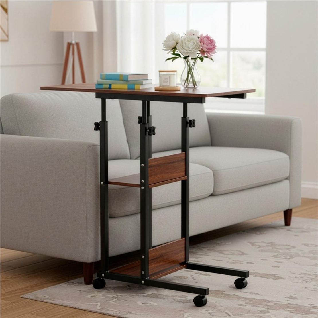 Birou reglabil pe inaltime cu rafturi si roti, blat din lemn si structura metalica, 80x40x76-86 cm, maro inchis