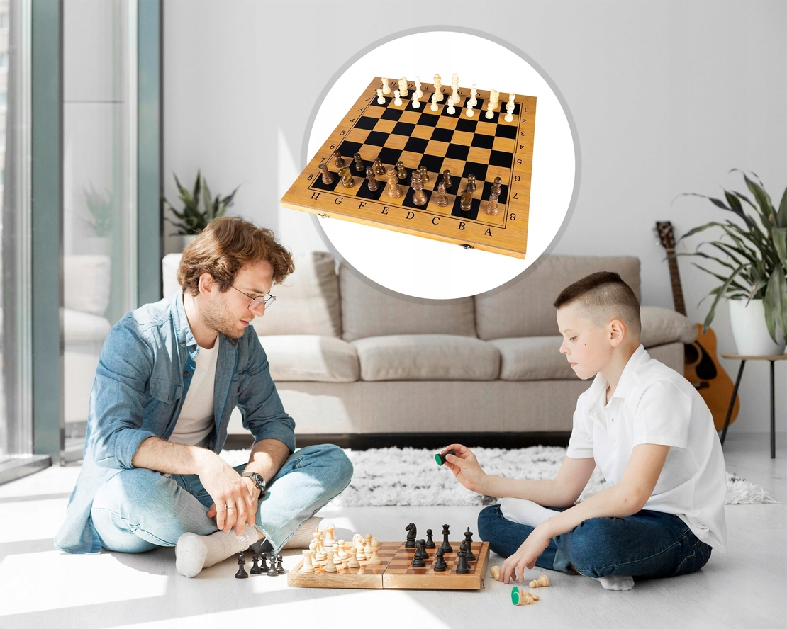 Joc sah si table din lemn, 48x48 cm, toate piesele incluse, maro