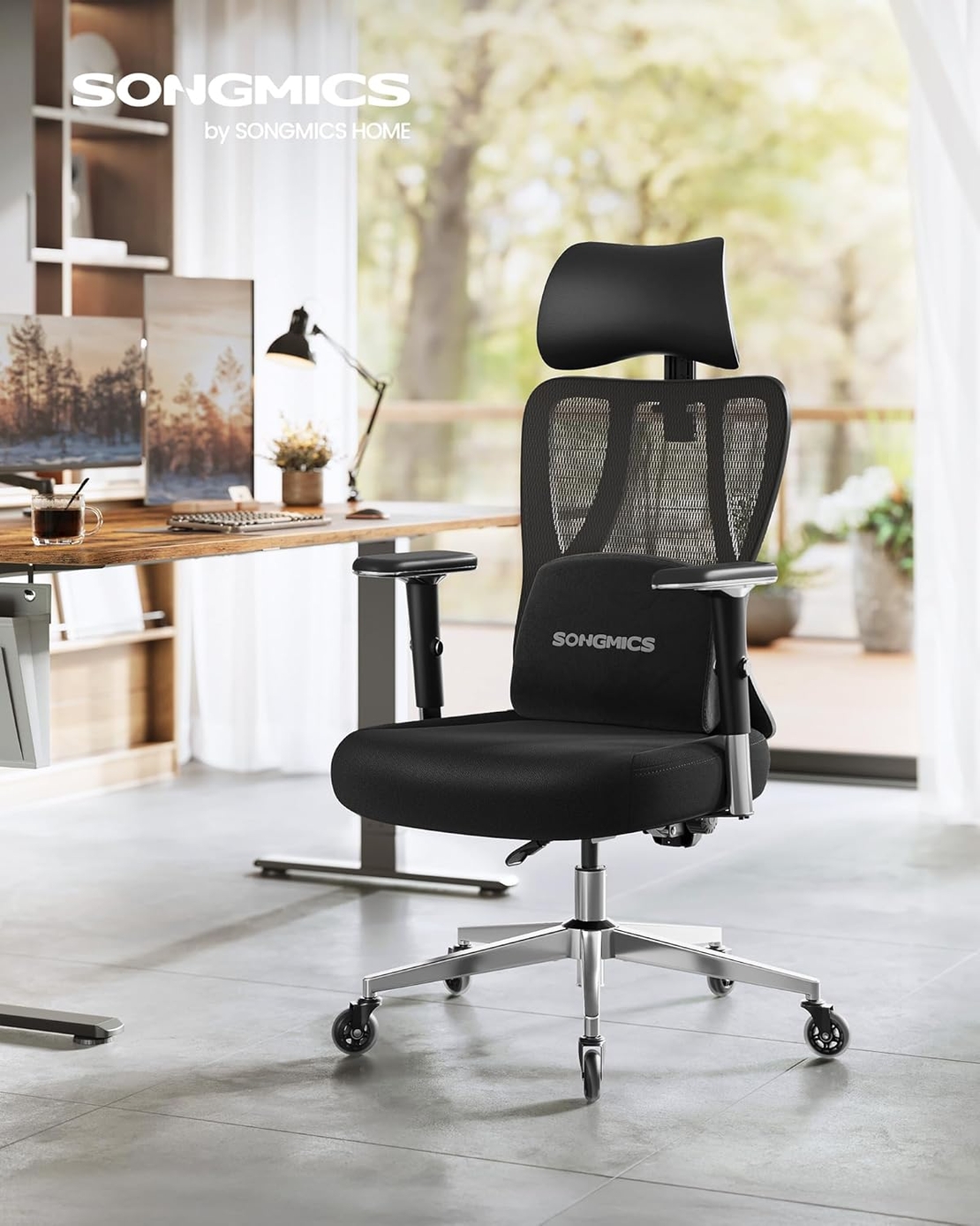 SONGMICS Scaun de birou ergonomic profesional, suport lombar reglabil, tetiera 2D, brate 4D, maxim 150 kg, 70x70x136 cm, negru