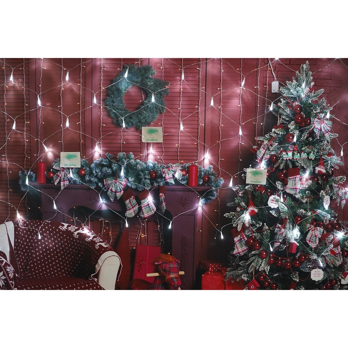 Sectiune Instalatie de Craciun Vafy, Tip Plasa, 80 LED-uri, 2 m x 1 m, 8 jocuri de lumini, Interconectabila, Fir transparent, Alb rece