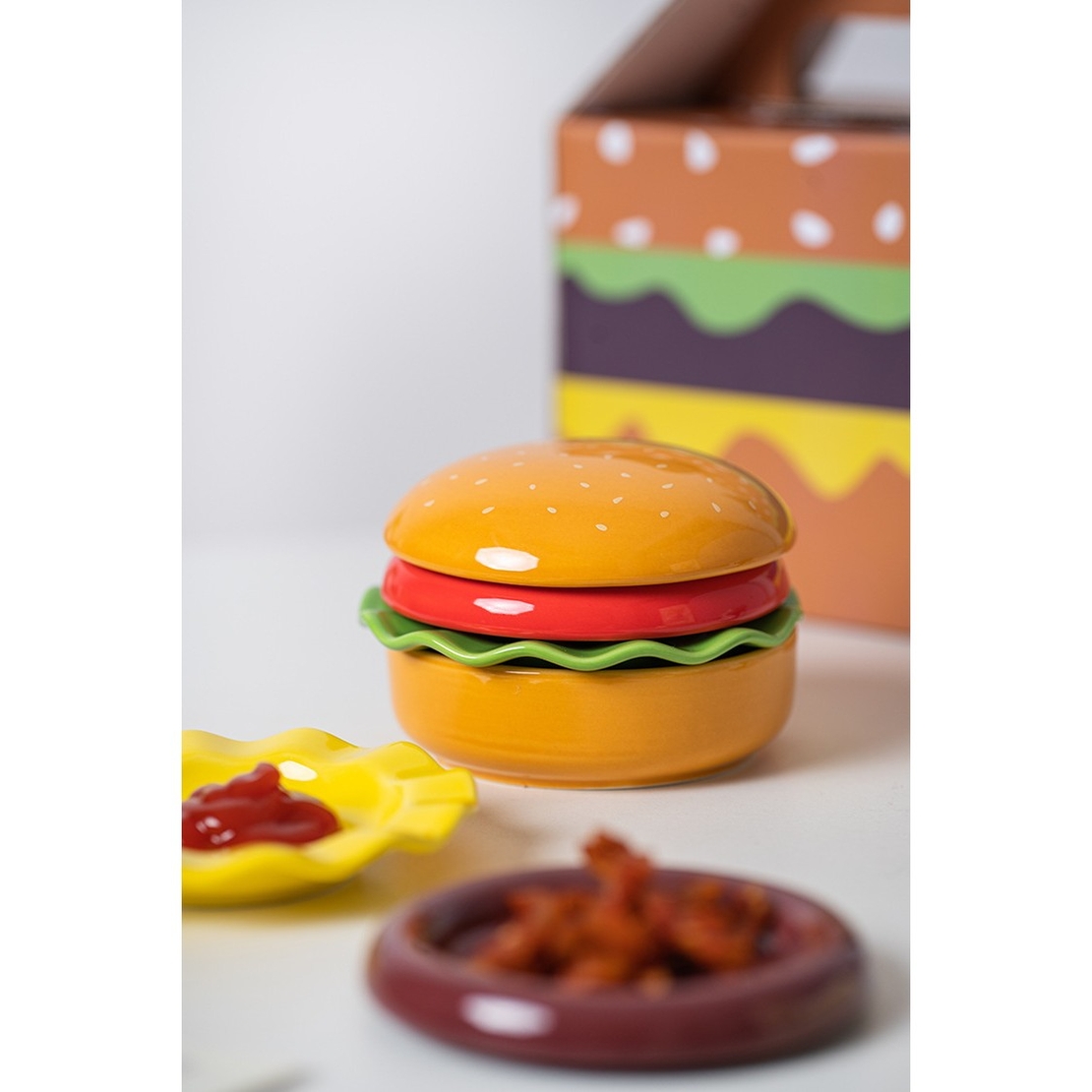 Set Farfurii Ceramice sub Forma de Burger, din Ceramica, pentru Sosuri si Gustari, Mini Farfurii Stivuibile, Multicolor