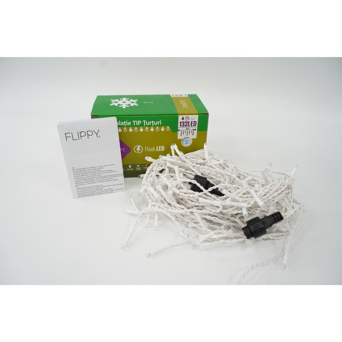 Instalatie de Craciun Flippy® Tip Turturi, Franjuri cu Flash, Sectiune 4 m, 132 LED-uri, Interconectabila, Fir Alb, Alb Rece