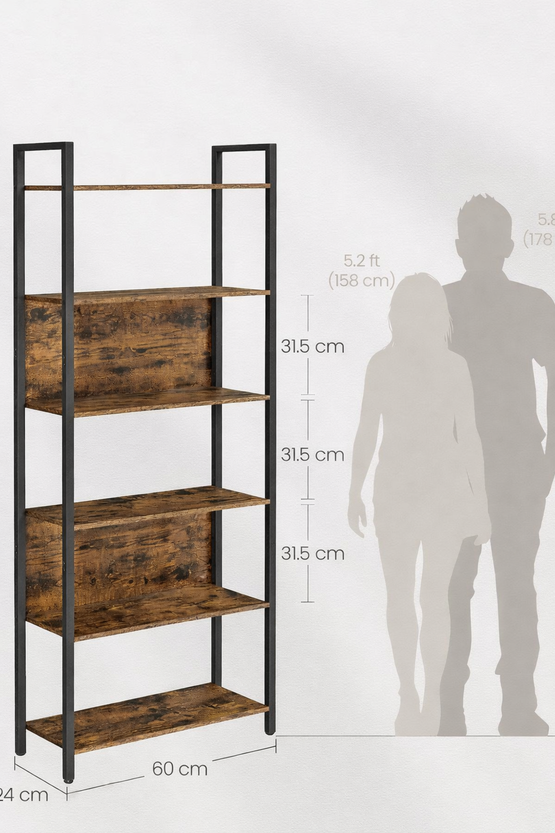 VASAGLE Biblioteca cu 6 rafturi, stil industrial, cadru metalic si PAL, 128x24x187 cm, maro rustic
