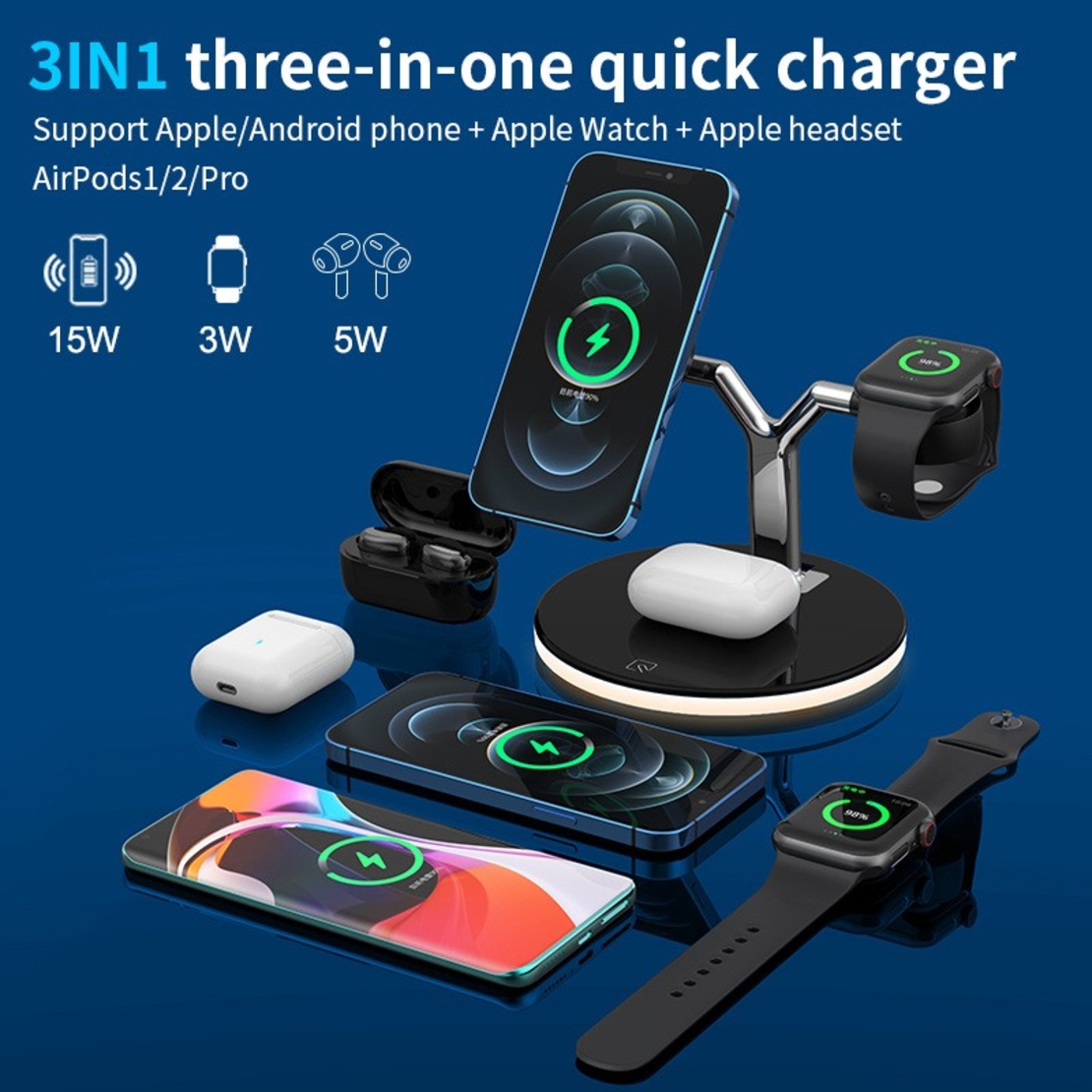 Statie de Incarcare 3 in 1, Flippy, Incarcator MagSafe Wireles Charger, Compatibil cu Apple iPhone, iWatch, AirPods, New Design, Max 25W, 14 x 14 x 10 cm, Negru