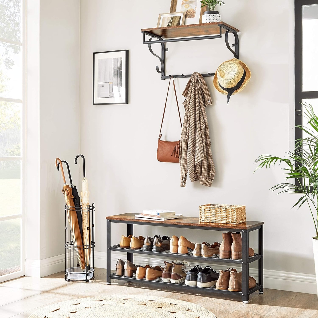 VASAGLE Raft pentru pantofi cu 2 polite, 100x30x45cm, otel, stil industrial, maro rustic si negru