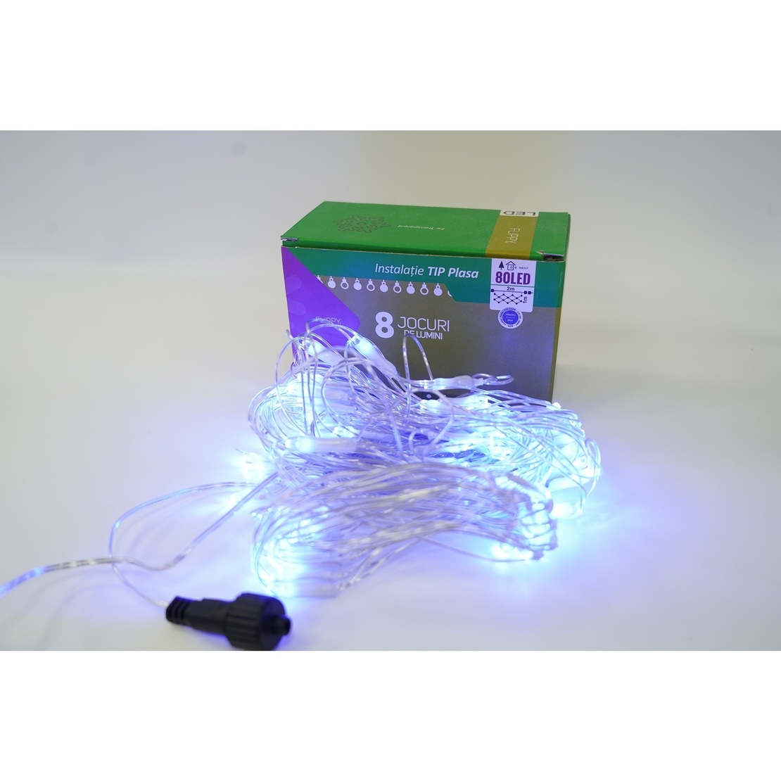 Sectiune Instalatie de Craciun Vafy, Tip Plasa, 80 LED-uri, 2 m x 1 m, 8 jocuri de lumini, Interconectabila, Fir transparent, Albastru