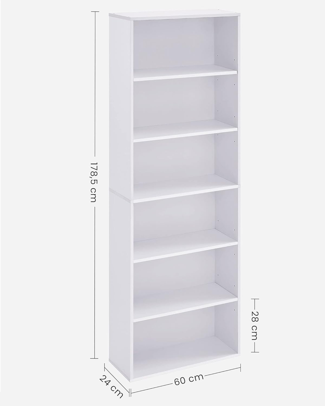 VASAGLE Biblioteca 6 rafturi, in stil scandinav, rafturi ajustabile, PAL, 60x24x179 cm, alb