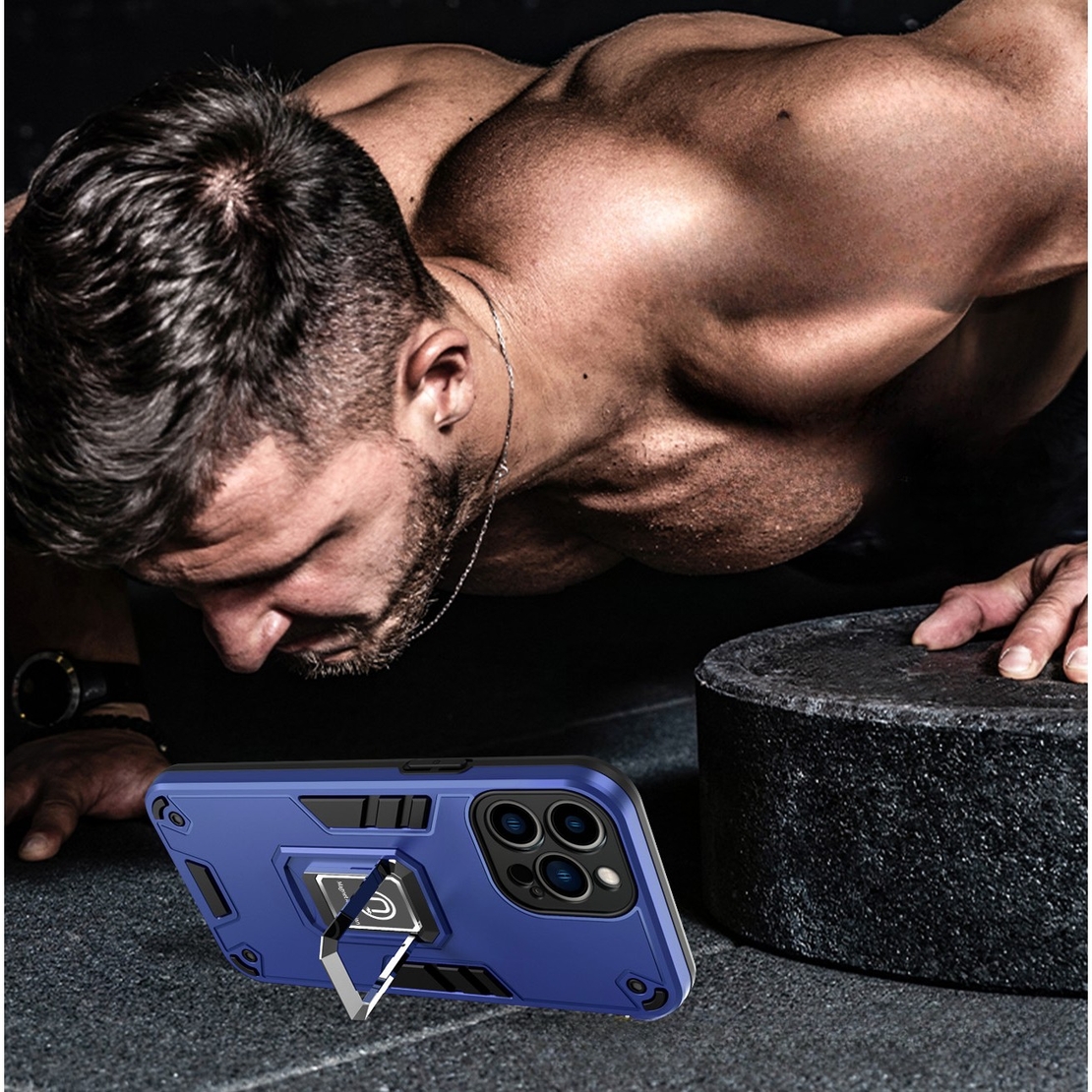Husa Iron Warriors pentru iPhone 13 Pro, Vafy, Hybrid Ring Holder Kickstand, Albastru inchis