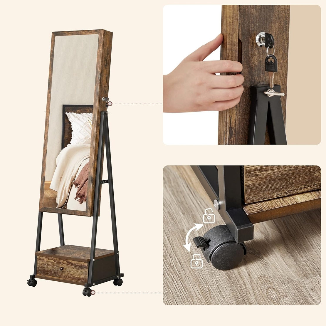 SONGMICS Oglinda de podea cu suport mobil pe roti, spatiu de depozitare, 42x37x153 cm, maro rustic