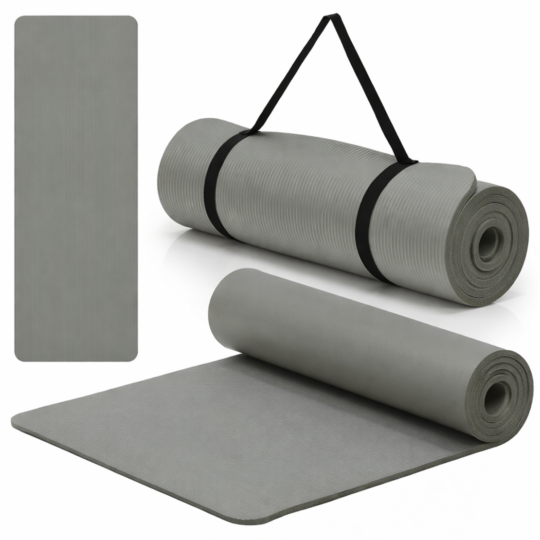 Saltea fitness antiderapanta din NBR, 183x61x1 cm, cu curea transport, gri