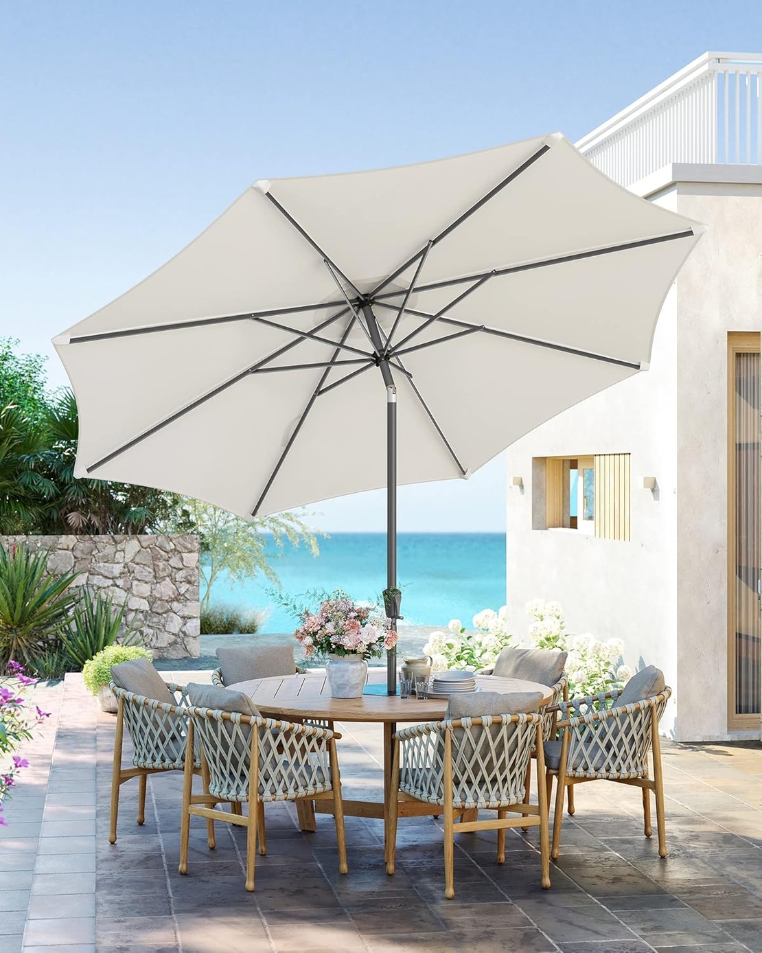 SONGMICS Umbrela de gradina cu manivela, 330 cm, UPF 50+, inclinare 30°, structura metalica cu 8 spite, bej