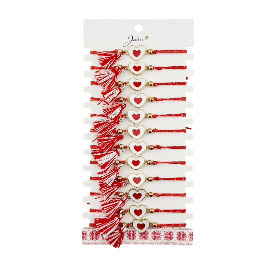 Martisor Bratara cu Ciucure pentru Dama, Jolie, Model Inimi, Set 12 bucati, Pandativ din Inox, Snur Reglabil, Rosu/Alb