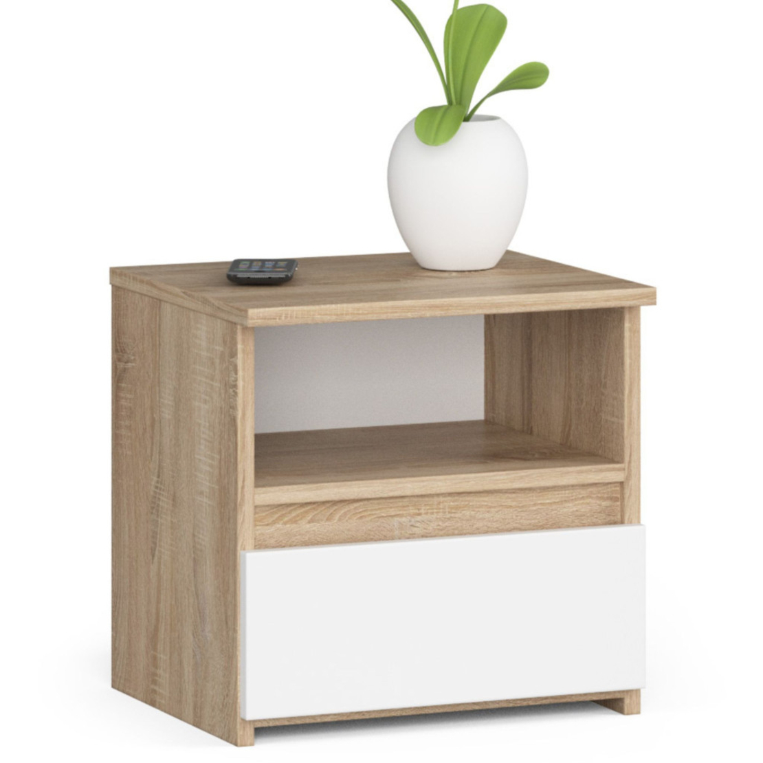 Noptiera cu 1 sertar, PAL laminat 16mm, 40x35x40 cm, stejar sonoma si alb