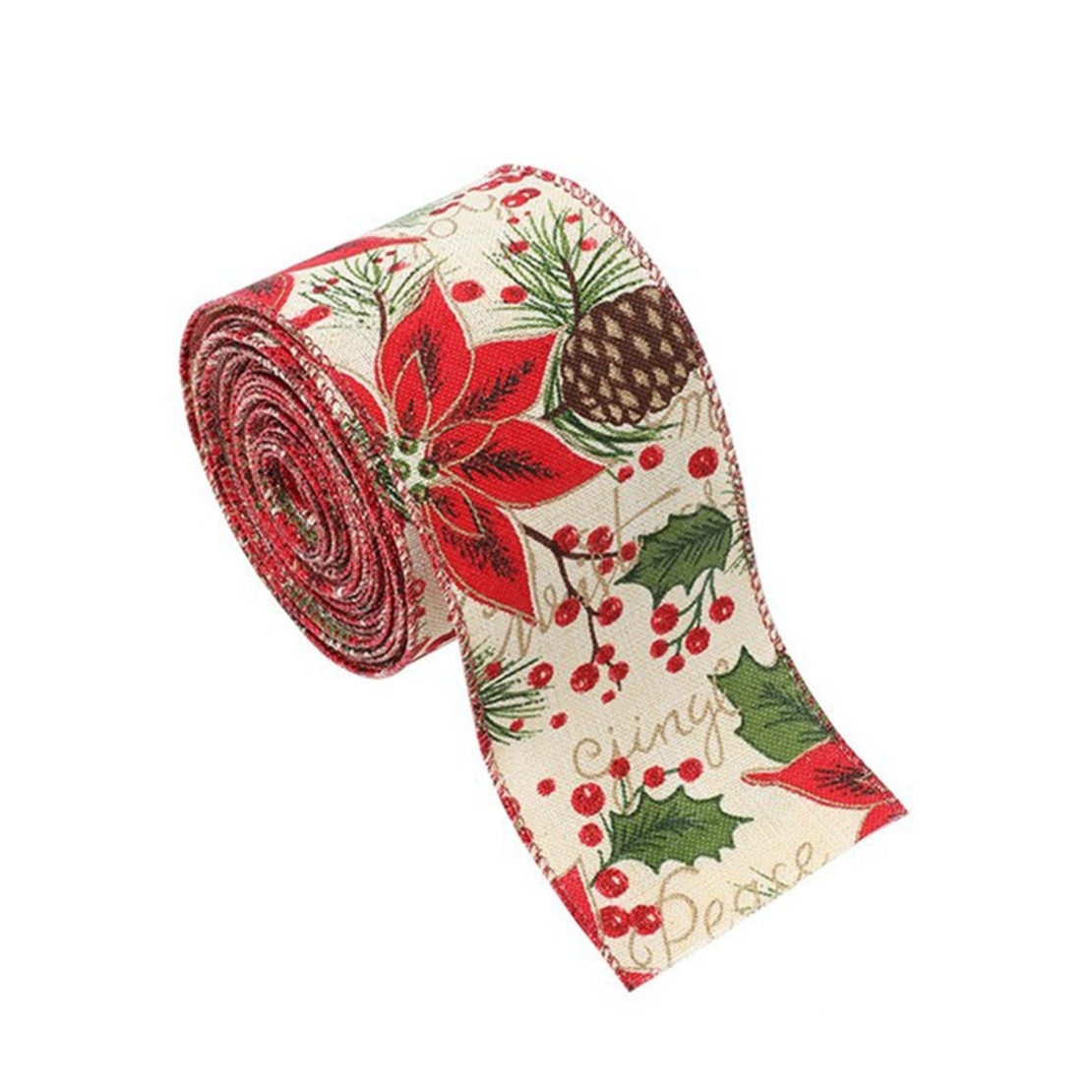 Panglica Decorativa pentru Craciun, Flippy, Ornament pentru Brad de Craciun, Pretreceri, Panglica cu Design Conuri si Floare Rosie, 200 x 6.3 cm, Khaki