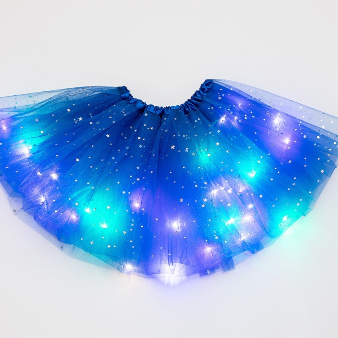 Fusta LED pentru Copii, Flippy, Tutu de Balet pentru Fetite cu Luminite Multicolore Incorporate, Model Stelute, 30 cm Lungime, Albastru