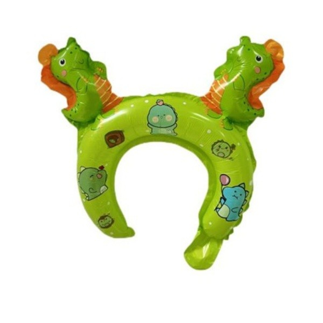 Balon din Folie Metalizata, Vafy, Tip Coronita cu Urechi, Model Dinozauri, Ambalaj Individual, Pai Inclus, Umflare cu Aer sau Heliu, 29 x 26.5 cm, Verde