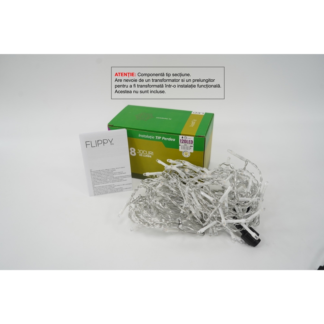 Sectiune Instalatie de Craciun Vafy Tip Perdea, 8 jocuri de lumini, 2m x1 m, 120 LED-uri, Interconectabila, Fir Transparent, Alb Cald