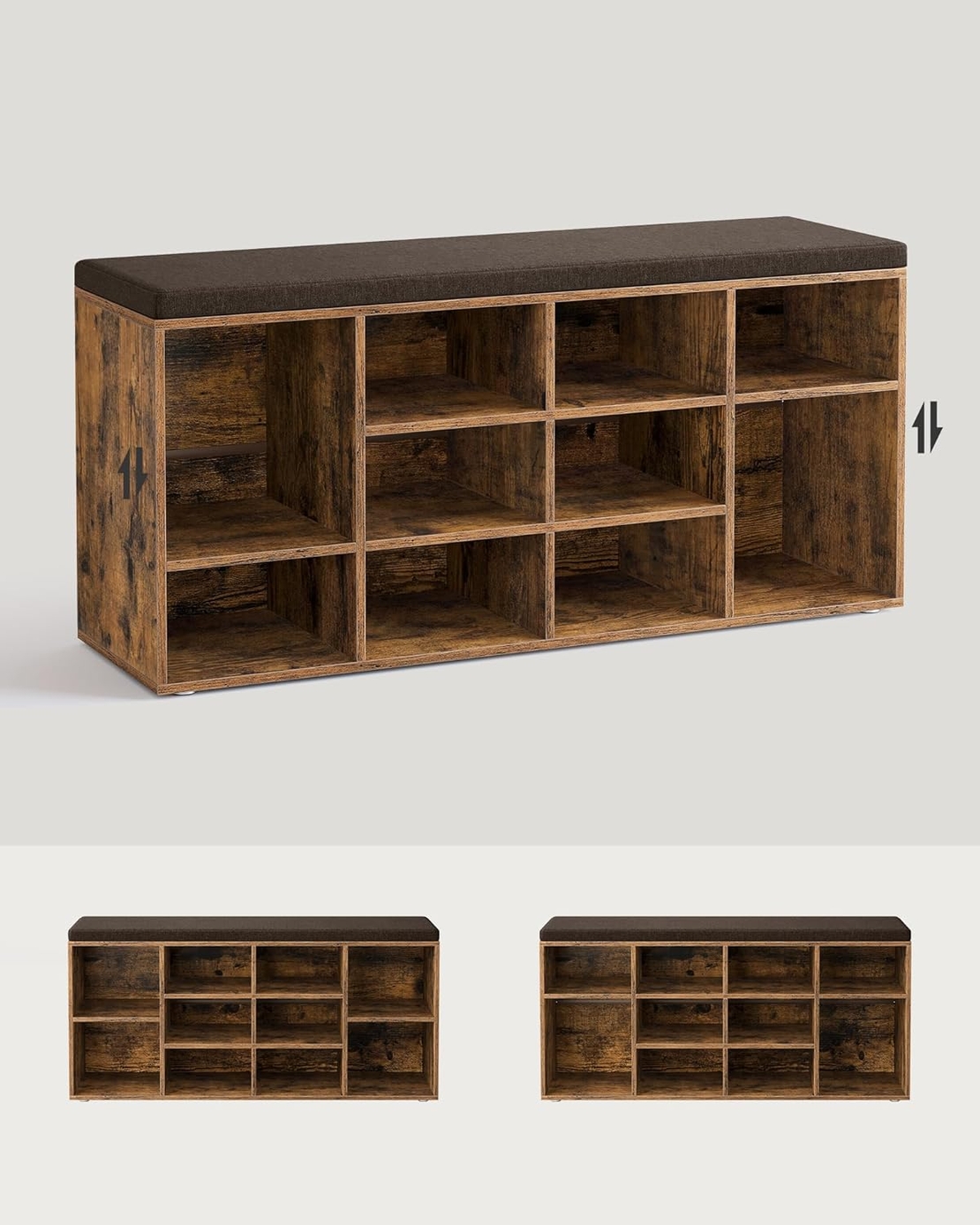 VASAGLE Pantofar cu banca cu 12 compartimente si perna, sarcina 136 kg, 104x30x48 cm, maro rustic