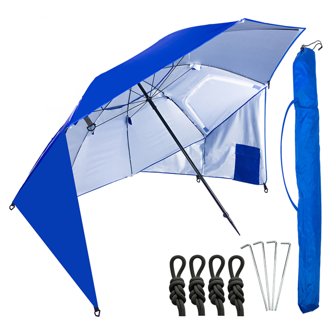 Umbrela plaja 3in1 215x205 cm, cu paravan lateral, fereastra si husa transport, material UV, albastru