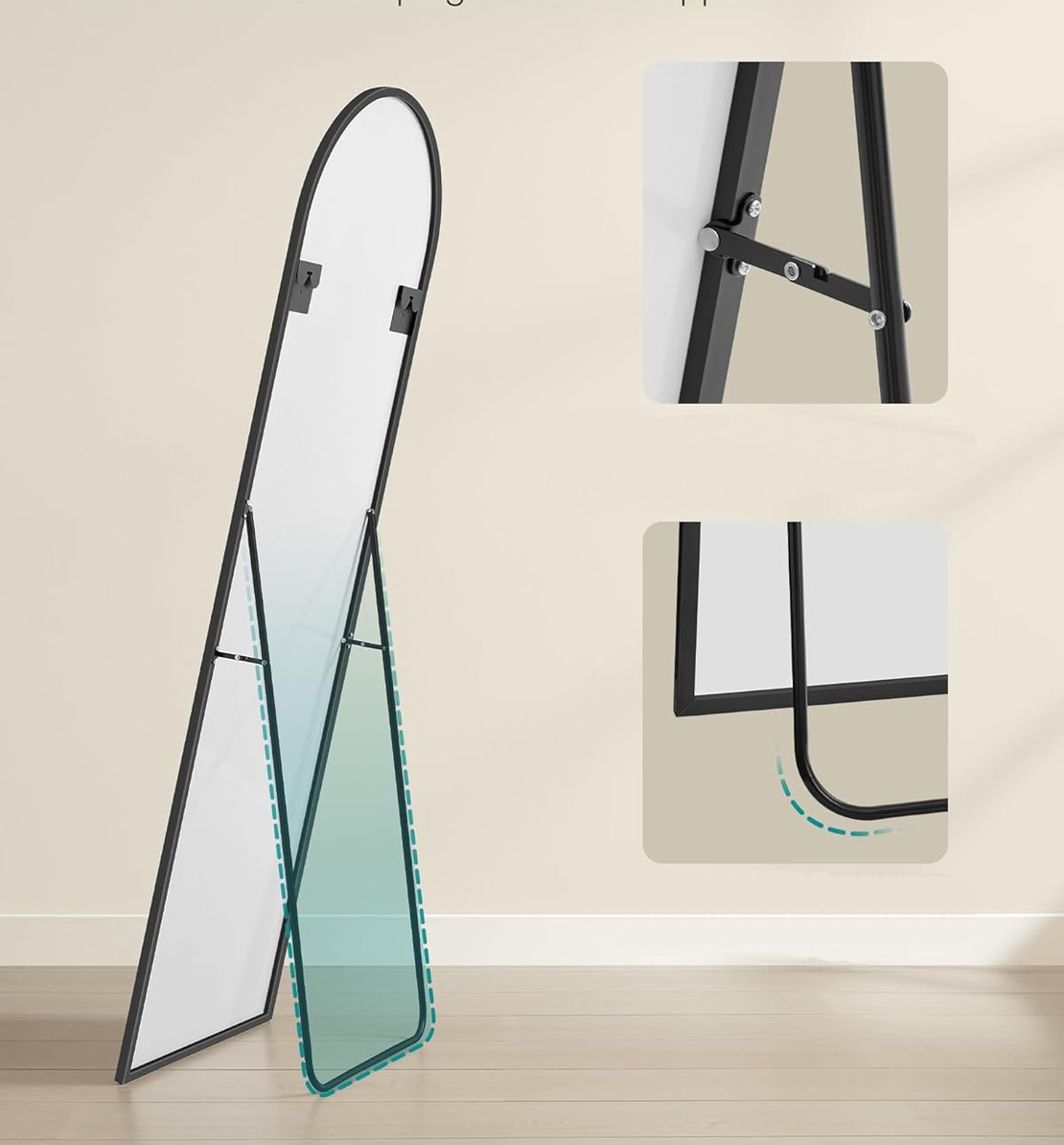 SONGMICS Oglinda podea, cu rama aluminiu si sticla securizata, design curbat, 160x50 cm, negru