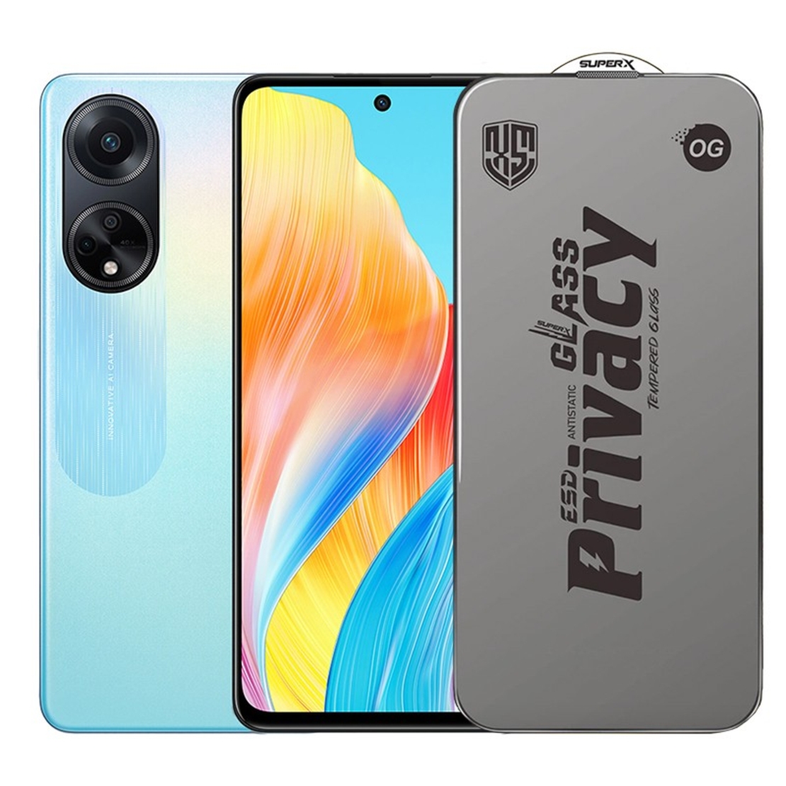 Folie de Protectie pentru Oppo A98, Vafy, Sticla Securizata ESD Antistatica, Super-X Privacy OG, Margini Negre, 0.30 mm, Transparent Inchis