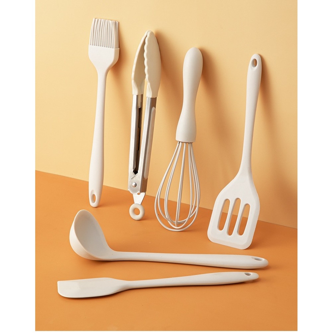 Set 6 Ustensile de Bucatarie, Flippy, din Silicon+Inox, Termorezistente, Antiaderente, 23 x 13 x 3 cm, Alb Ivory