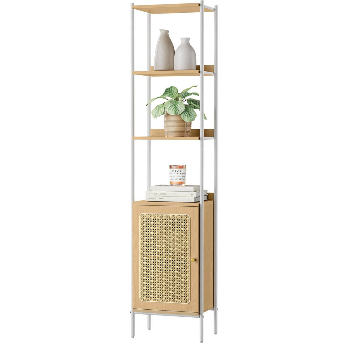 VASAGLE Biblioteca cu 6 etaje, cadru metalic, usa cu efect ratan Boho, 30x40x175 cm, alb si bej