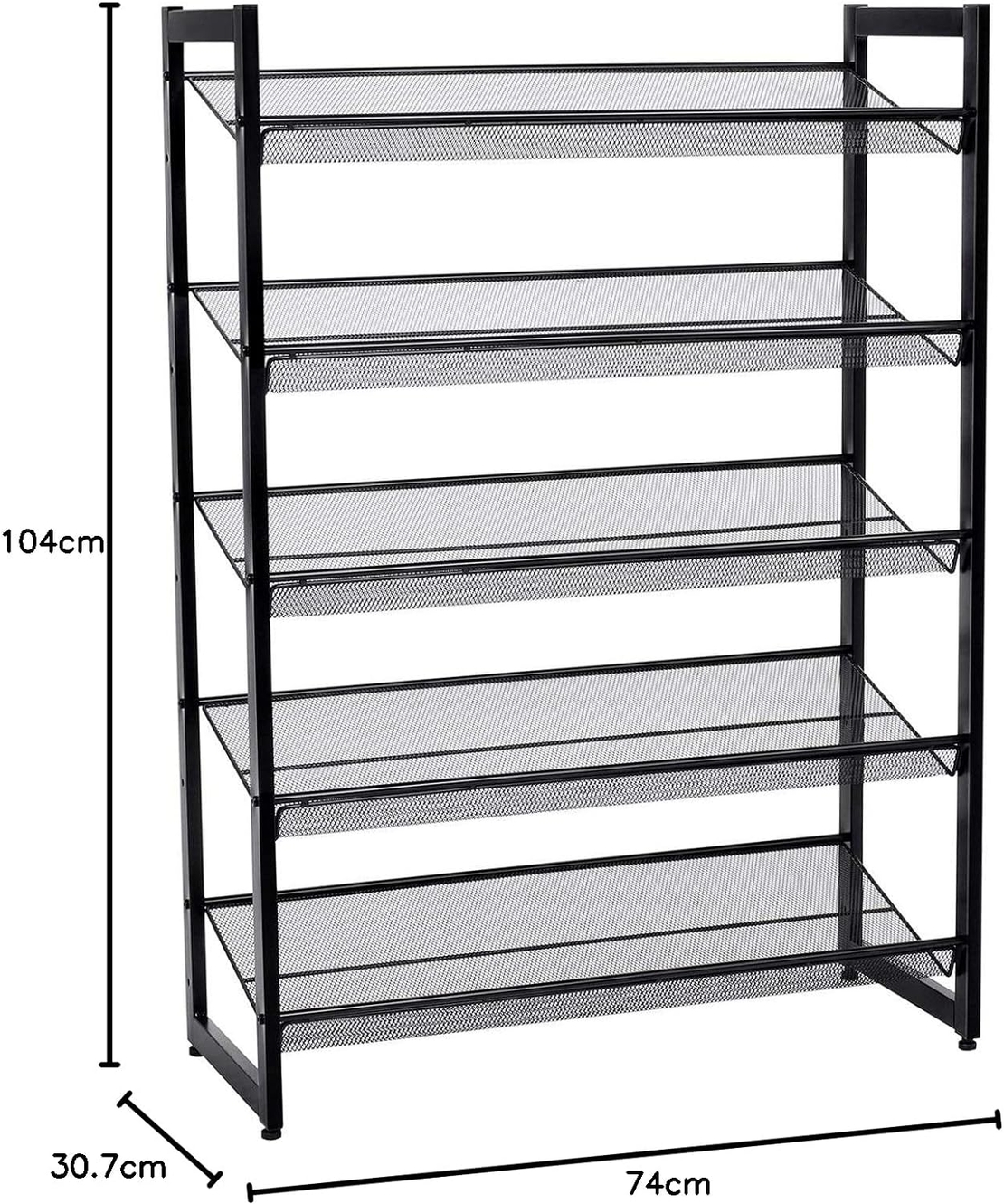 SONGMICS Raft de depozitare pantofi pe 5 niveluri, metal, rafturi plate sau unghiulare reglabile, 31x74x104cm, negru