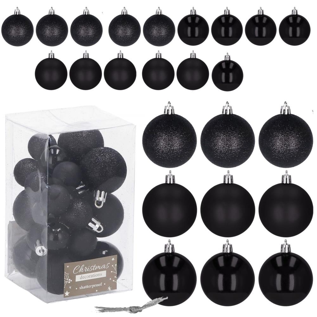 Set globuri de Craciun, 25 bucati, 3 modele, 2,5cm si 4cm, negru