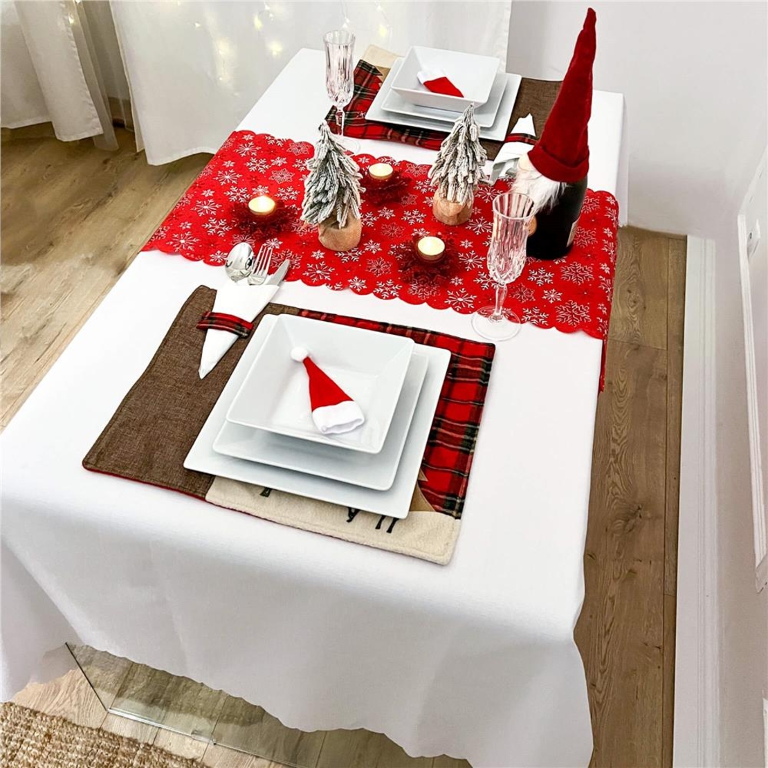 Fata de masa pentru decor, cu motive de Craciun, din stofa, 34x187cm, rosu