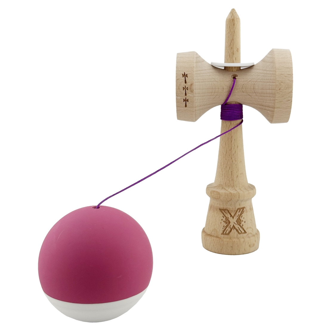 Kendama X Originala, Profesionala, Flippy, Rubber Grip, Cupe Mari KING SIZE V3, Gaura in Baza, Rulment Metalic, din lemn 18 cm, Ata 62/65 cm, Bicolor Roz inchis/Alb