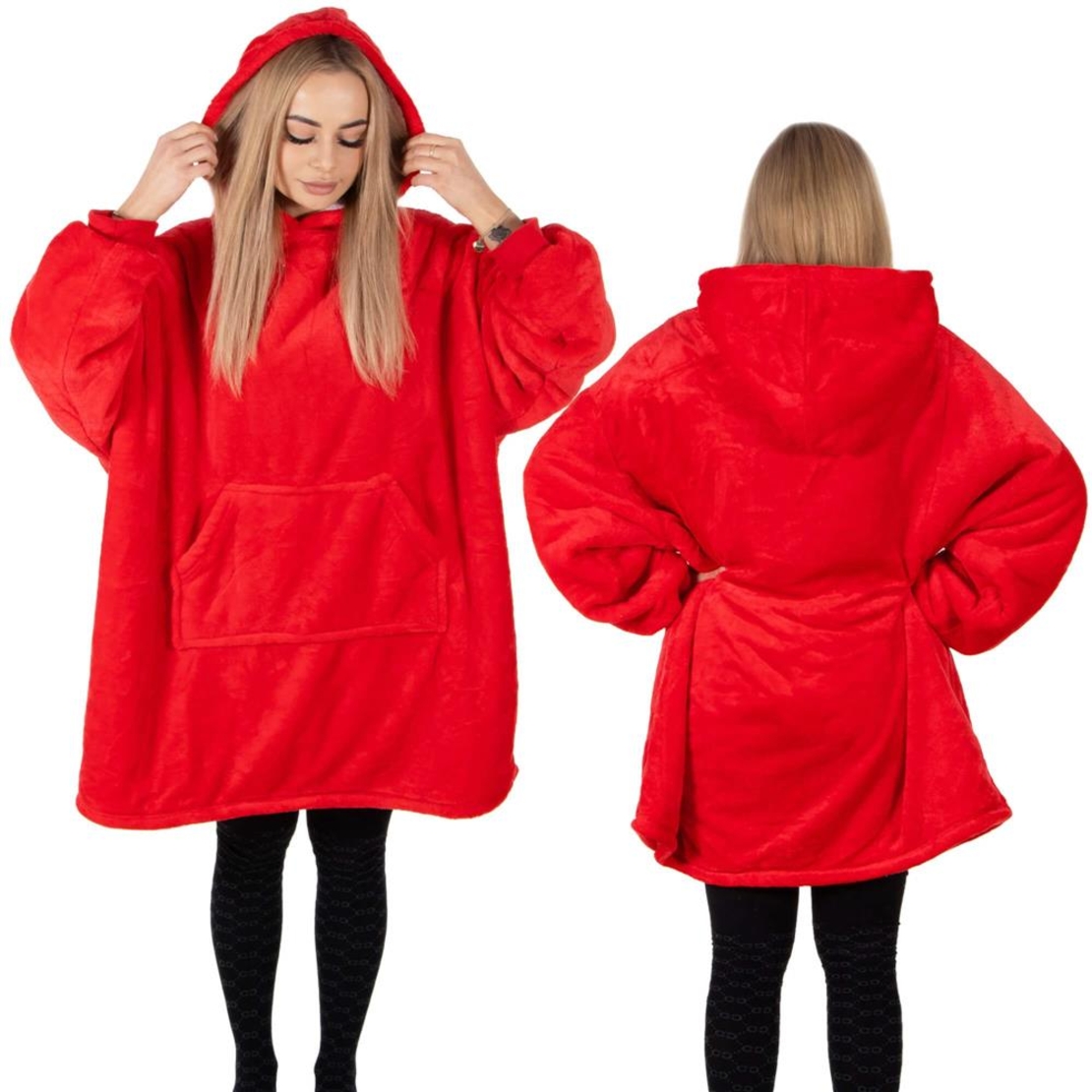 Hanorac tip patura oversize din fleece moale, cu gluga si buzunar mare, rosu