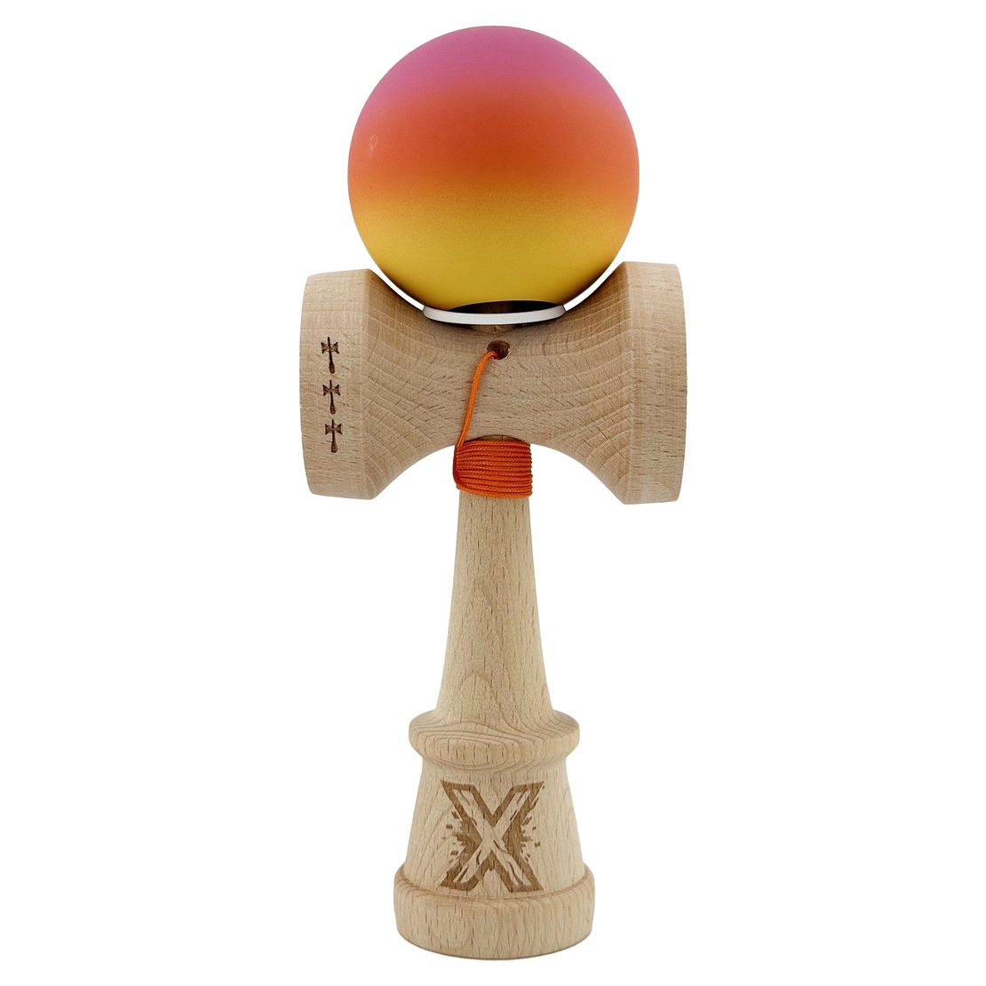 Kendama X Originala, Profesionala, Flippy, Cupe Mari KING SIZE V3, Rubber Grip, Gaura in Baza, Rulment Metalic, din lemn 18 cm, Ata 62/65 cm, Gradient Roz/Rosu/Galben