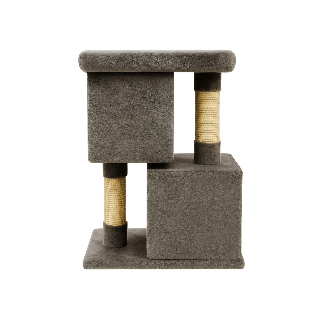 Ansamblu de zgariat pentru pisici tip turn cu 2 niveluri, tunel, casuta si pat, MDF si plus, 67 cm, gri