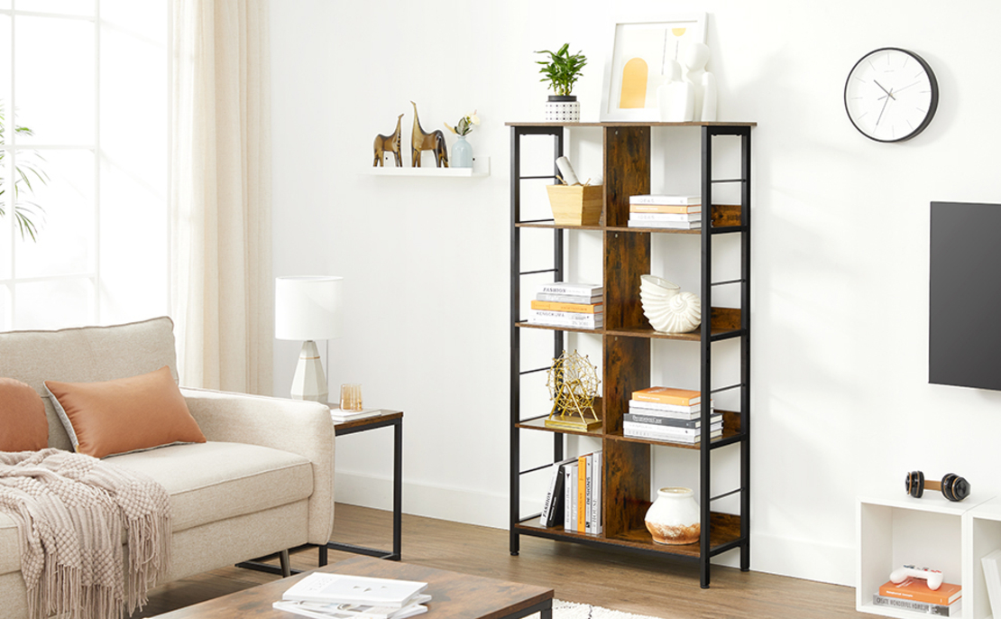 VASAGLE Biblioteca cu rafturi deschise, 8 compartimente, design industrial, 80x33x149cm, maro retro si negru